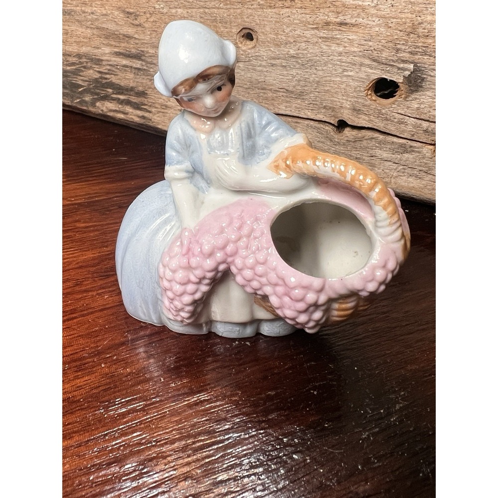 Girl With Basket Vase Porcelain Figurine Toothpick makeup holder vtg Japan